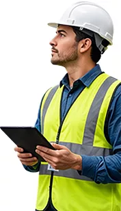 Profesional de la industria con casco y chaleco de seguridad revisando una tablet