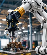 Brazo robótico industrial trabajando en una línea de manufactura con chispas de soldadura